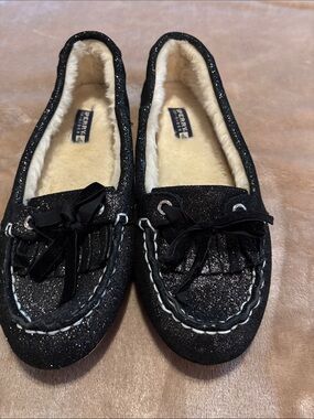 Sperry Black Glitter Bow Moccasin Slippers